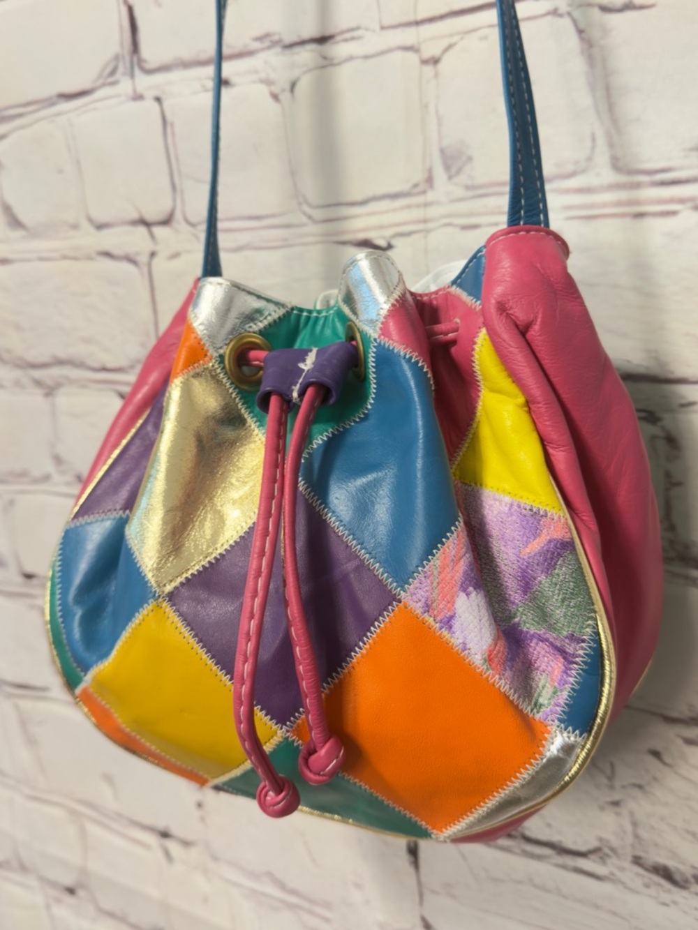 VINTAGE RETRO COLORFUL LEATHER CINCH SHOULDER BAG 80’s 90’s Fun Funky - Picture 2 of 11